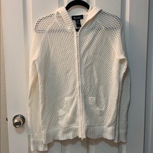 DENIM & CO. White Hooded Zipper Crochet Sweater